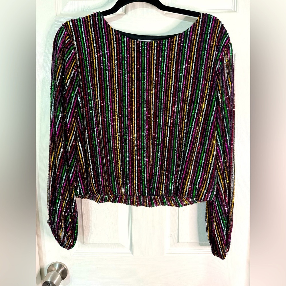 Ali & Jay Multicolor Sequin Striped Long Sleeve Crop Top  Party Holiday Blouse L